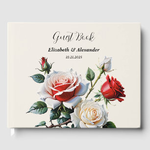 Pretty pink white red roses floral wedding guest book