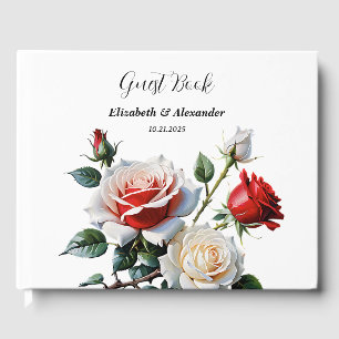 Pretty pink white red roses floral wedding guest book