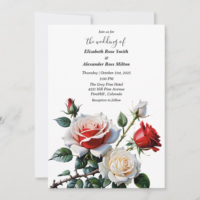 Pretty pink white red roses floral wedding invitation (Front)