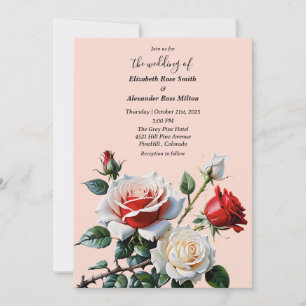 Pretty pink white red roses floral wedding invitation