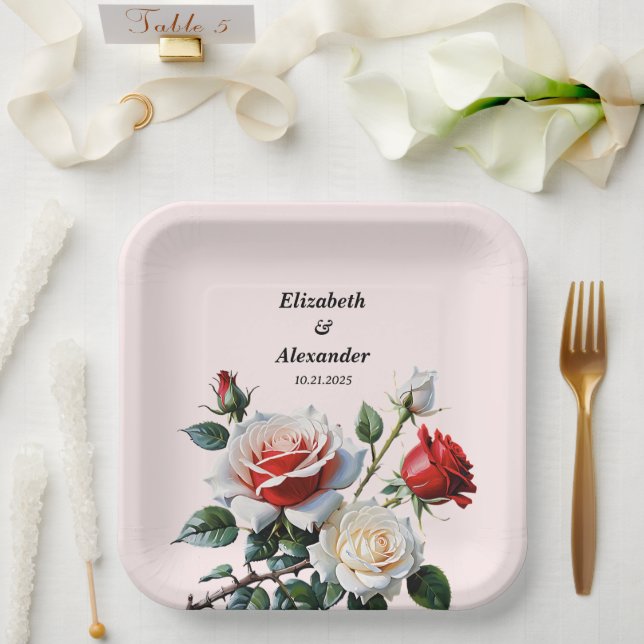 Pretty pink white red roses floral wedding paper plate (Wedding)
