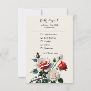 Pretty pink white red roses floral wedding RSVP card