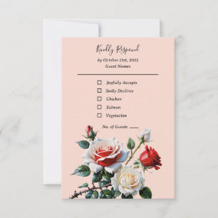 Pretty pink white red roses floral wedding RSVP card