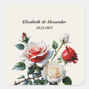 Pretty pink white red roses floral wedding square sticker