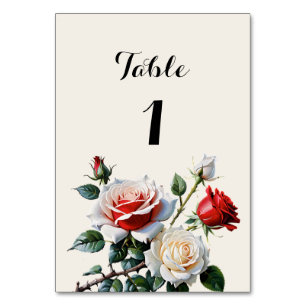 Pretty pink white red roses floral wedding table number