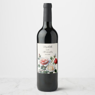 Pretty pink white red roses floral wedding wine label