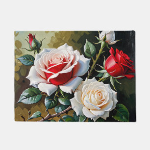 Pretty pink white red roses oil painting doormat