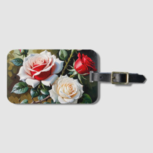 Pretty pink white red roses oil painting luggage tag