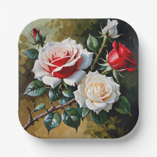 Pretty pink white red roses oil painting paper plate