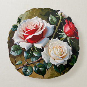 Pretty pink white red roses oil painting round cushion