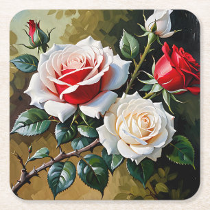 Pretty pink white red roses oil painting square paper coaster