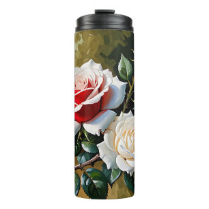 Pretty pink white red roses oil painting thermal tumbler