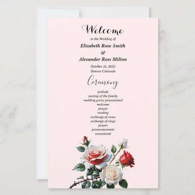 Pretty pink white red roses wedding program (Front)