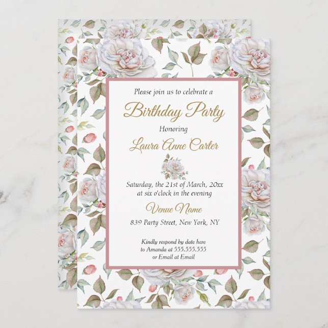 Pretty Pink White Roses Photo Birthday Party Invitation (Front/Back)