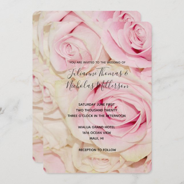 Pretty Pink White Roses Wedding Invites (Front/Back)