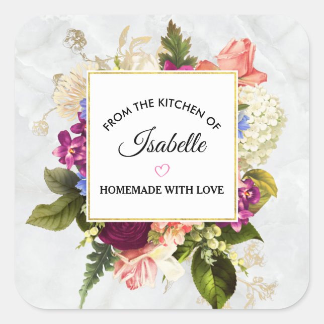 Pretty Pink &  White Watercolor Flowers Kitchen Square Sticker (Front)