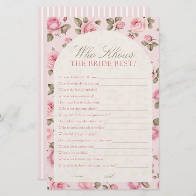 Pretty Pink Who Know The Bride Bridal Shower Game (Front/Back)