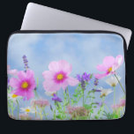 Pretty Pink Wild Flower Meadow Laptop Sleeve<br><div class="desc">Pretty pink flowers and lavender meadow on a bright spring day against a blue sky.</div>