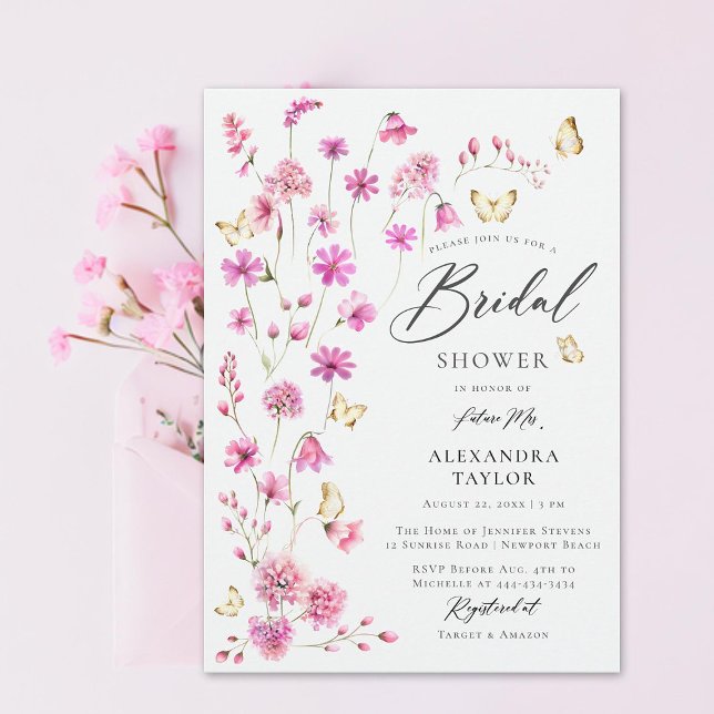 Pretty Pink Wildflowers Butterflies Bridal Shower Invitation (pretty pink wildflowers gold butterflies elegant boho bridal shower invitation garden rustic girly)