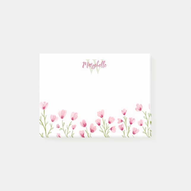 Pretty Pink Wildflowers Feminine Monogram Post-it Notes (Front)