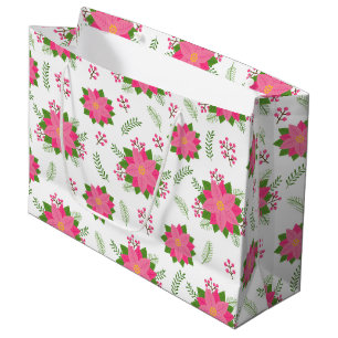 Pretty Pink Winter Poinsettia on White Pattern Large Gift Bag