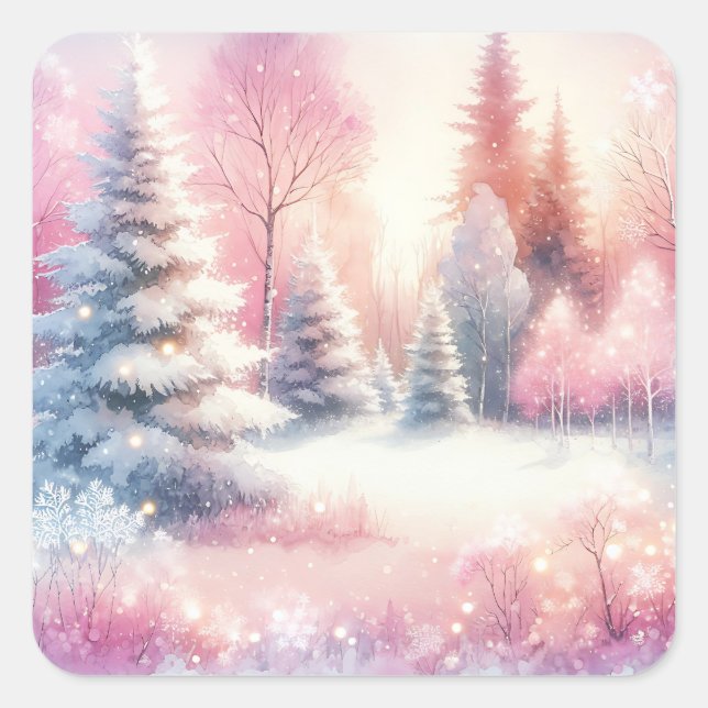 Pretty Pink Winter Wonderland Christmas Square Sticker (Front)