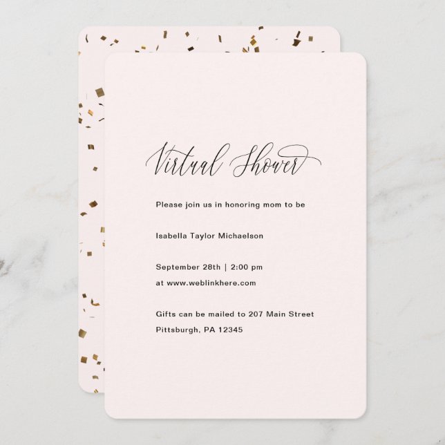 Pretty Pink with Faux Gold Confetti Virtual Shower Invitation (Front/Back)