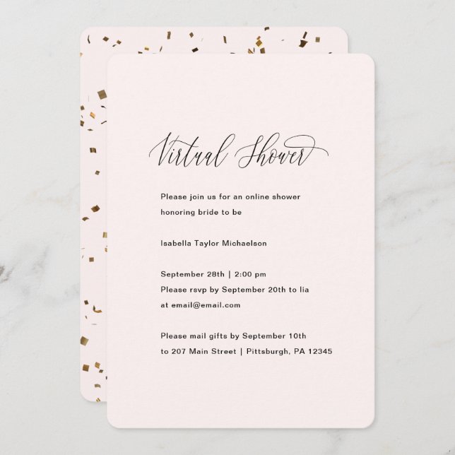 Pretty Pink with Faux Gold Virtual Bridal Shower Invitation (Front/Back)