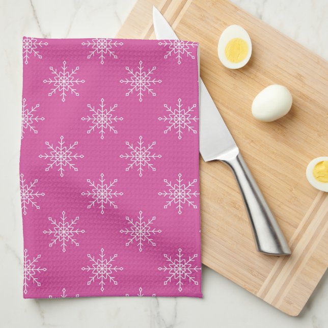 PRETTY PINK WITH ROWS OF WHITE SNOWFLAKES TEA TOWEL (Quarter Fold)