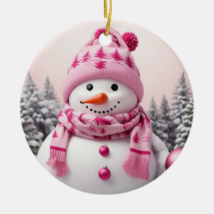 Pretty Pink Xmas Snowman Ceramic Tree Decoration