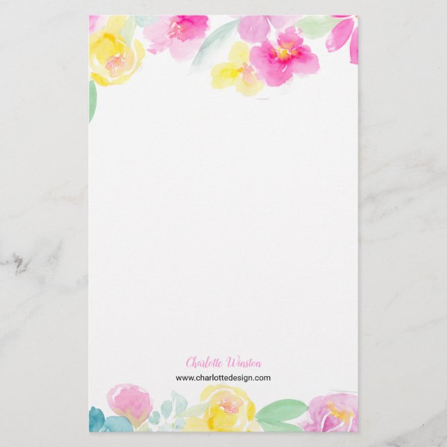 Pretty pink yellow loose floral watercolor flowers stationery (Front)