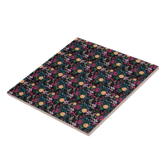 Pretty Pink & Yellow Small Floral Black Design Tile (Side)