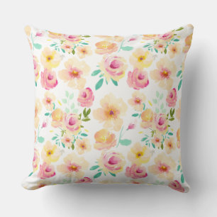 Pretty Pink Yellow Watercolor Flowers Cushion