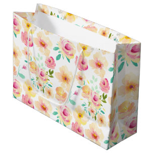 Pretty Pink Yellow Watercolor Flowers Large Gift Bag