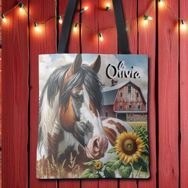 Pretty Pinto Brown and White Horse on Rustic Farm Tote Bag (Creator Uploaded)