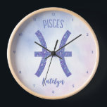 Pretty Pisces Astrology Sign Personalised Purple Clock<br><div class="desc">This pretty purple and lavender Pisces clock features your astrological sign from the Zodiac in a beautiful sparkle like the constellations. Customise this cute gift with your name in cursive script for someone with a birthday in late February or early March.</div>