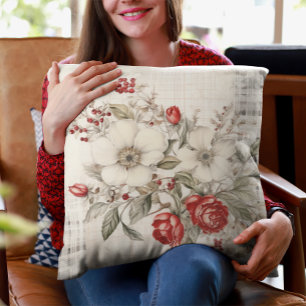 Pretty Plaid Red Berries Roses White Flowers Cushion