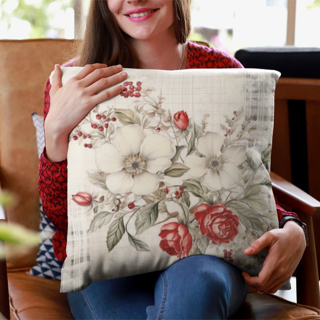 Pretty Plaid Red Berries Roses White Flowers Cushion (Creator Uploaded)