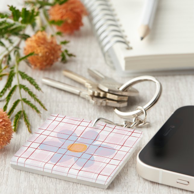 Pretty plaid with floral pink blue pattern modern key ring (Front Right)
