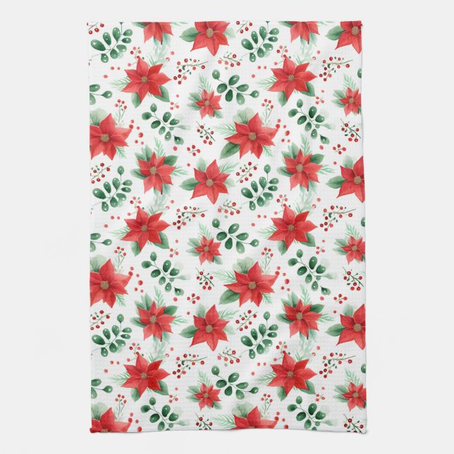 Pretty Poinsettias Minimalist Watercolor Pattern Tea Towel (Vertical)