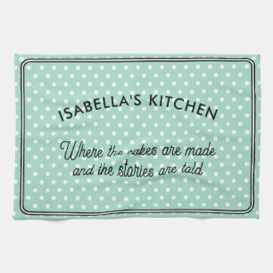 Pretty Polka Dot Patterned Light Aqua Kitchen Tea Towel