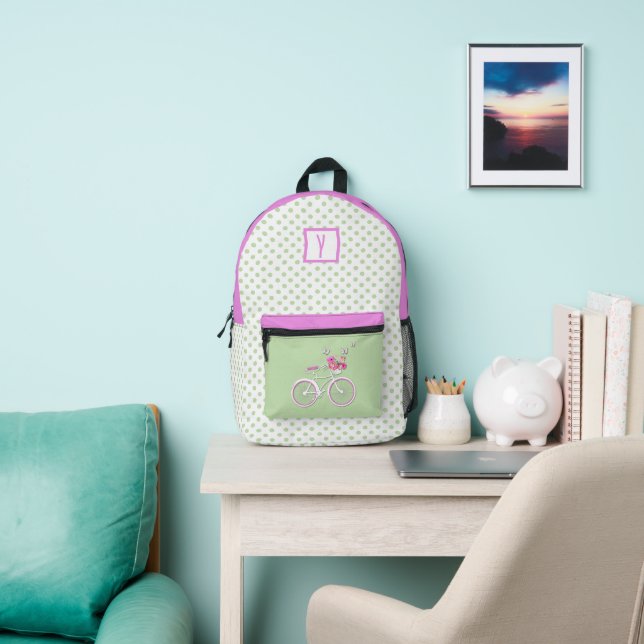 Pretty Polka Dots and Bicycle Personalised Printed Backpack (Insitu)