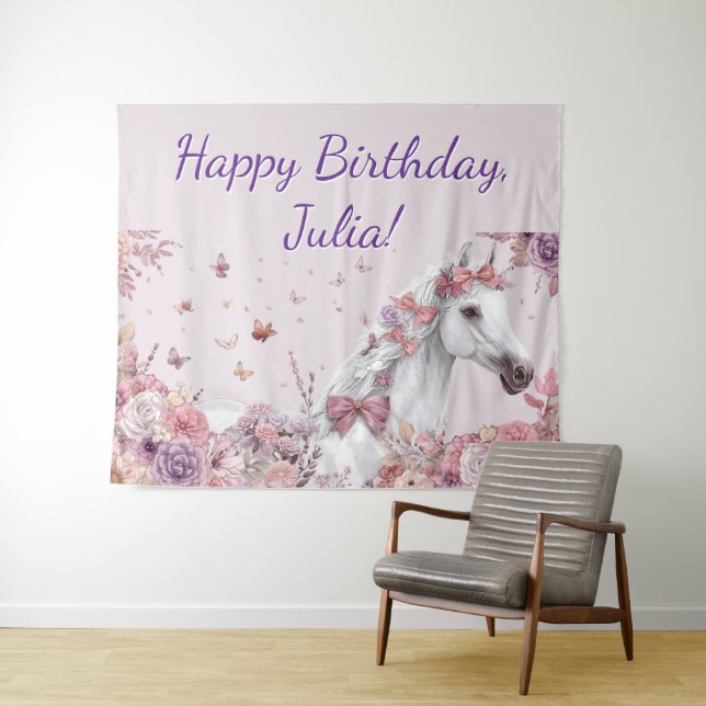 Pretty Ponies and Petals Horse Birthday Banner Tapestry (In Situ (Horizontal))