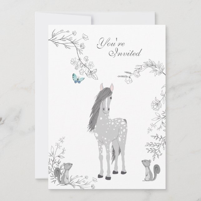 Pretty Pony and Squirrels Woodland Horse Birthday Invitation (Front)