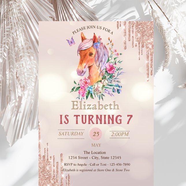 Pretty Pony Glitter Drips Bokeh Birthday Invitation (Creator Uploaded)