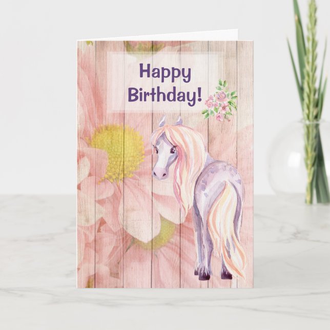 Pretty Pony n Daisies on Barn Wood Horse Birthday Card (Front)