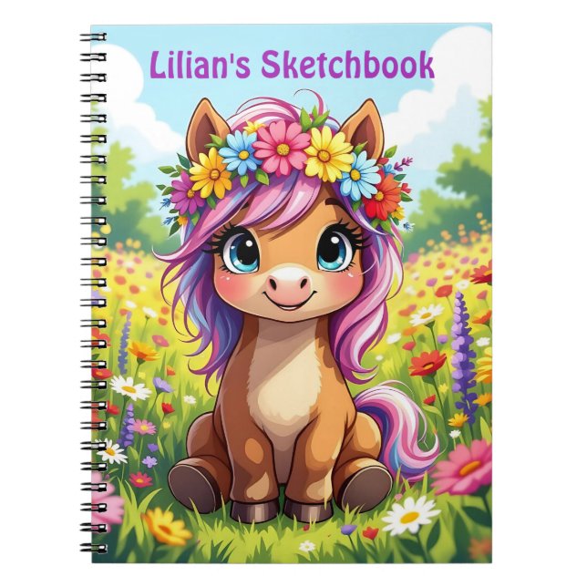 Pretty Pony with Flowers Personalised Notebook (Front)