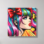 Pretty Pop Art Comic Girl with Bows Canvas Print<br><div class="desc">Colourful cute pop art comic style girl with pigtails and bows in her hair.</div>