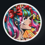 Pretty Pop Art Comic Girl with Bows Clock<br><div class="desc">Colourful cute pop art comic style girl with pigtails and bows in her hair.</div>