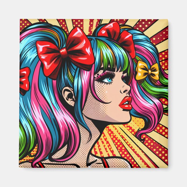 Pretty Pop Art Comic Girl with Bows Magnet (Front)